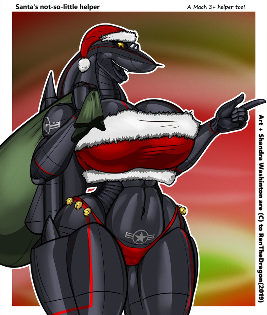 2019 abstract_background aircraft aircraft_humanoid airplane anthro bag bell big_breasts black_sclera border breasts christmas clothed clothing conditional_dnp costume english_text female gesture hat headgear headwear hi_res holding_object holidays huge_breasts jet living_aircraft living_machine machine midriff navel open_mouth open_smile outline panties pointing renthedragon santa_costume santa_hat shandra_(renthedragon) skimpy smile solo text underwear white_border white_outline wings yellow_eyes