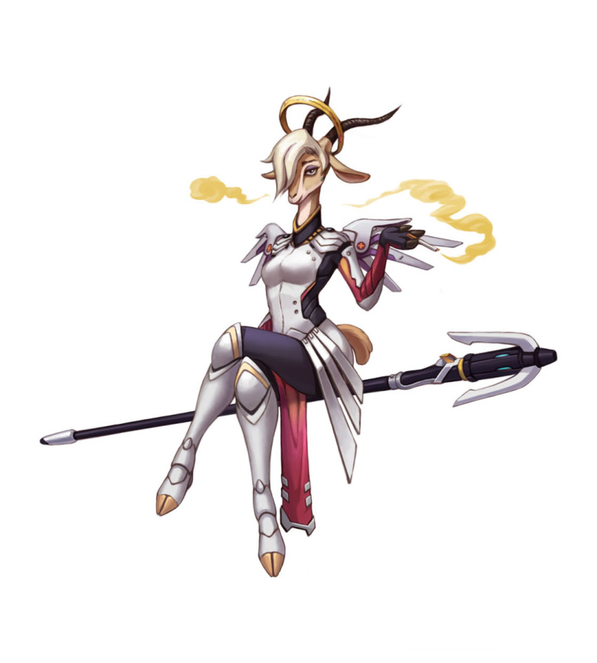 2017 antelope anthro blizzard_entertainment bovid cigarette clothed clothing cosplay crossover crossover_cosplay disney fully_clothed fur gazelle gazelle_(zootopia) hi_res horn mammal mercy_(overwatch) overwatch simple_background sitting solo tan_body tan_fur video_games white_background zootopia 杯具螺旋丸