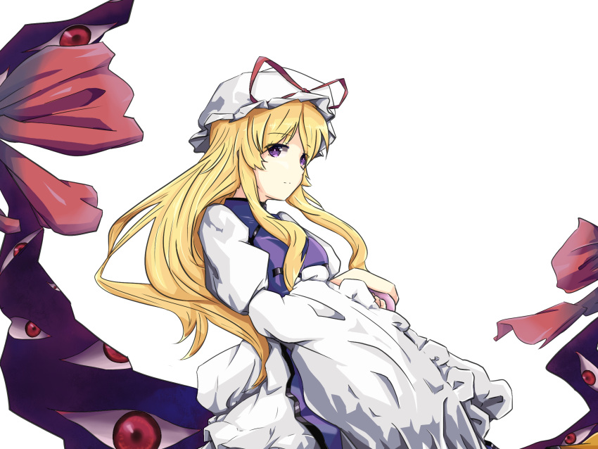 1girl bangs blonde_hair chinese_commentary commentary_request cowboy_shot dress eyebrows_visible_through_hair frilled_sleeves frills gap hat hat_ribbon highres juliet_sleeves long_hair long_sleeves looking_at_viewer mob_cap puffy_sleeves purple_eyes red_ribbon ribbon sidelocks simple_background smile solo t-hou tabard touhou white_background white_dress white_headwear wide_sleeves yakumo_yukari
