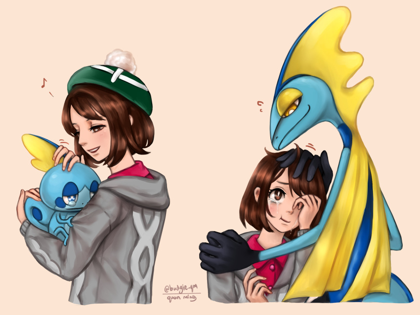 1girl bangs blush brown_eyes brown_hair cardigan comforting dress gen_8_pokemon green_headwear grey_cardigan hat highres holding holding_pokemon inteleon long_sleeves open_mouth pokemon pokemon_(creature) pokemon_(game) pokemon_swsh short_hair smile sobble standing tam_o'_shanter tears yuuri_(pokemon)