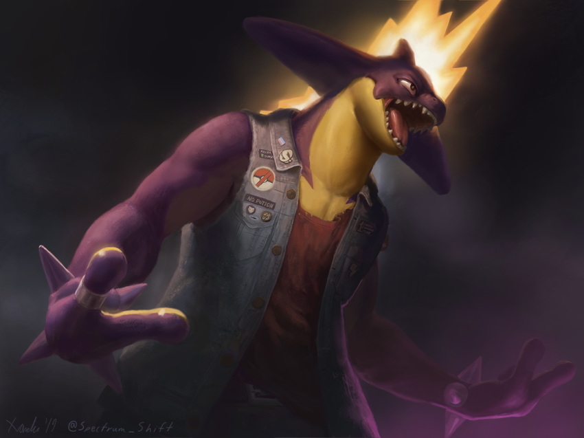 3_fingers amped_toxtricity anthro athletic belt bottomwear button_(fastener) clothed clothing countershade_torso countershading denim denim_clothing denim_vest detailed english_text fingers fully_clothed grey_background grey_clothing grey_topwear light lighting looking_aside male nintendo open_mouth pants pok&eacute;ball pok&eacute;mon pok&eacute;mon_(species) purple_body purple_glow purple_skin red_tank_top shaded shirt simple_background solo spectrumshift spikes tank_top team_skull teeth text tongue topwear toxtricity unbuttoned video_games yellow_body yellow_skin