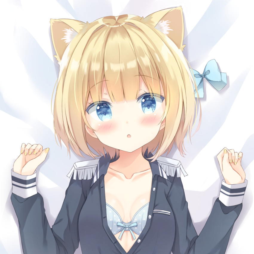 1girl :o animal_ear_fluff animal_ears bed_sheet black_shirt blonde_hair blue_bow blue_bra blue_eyes blush bow bow_bra bra breasts collarbone epaulettes fang fox_ears hair_intakes hands_up highres long_sleeves looking_at_viewer lying nail_polish on_back open_clothes open_shirt parted_lips polka_dot polka_dot_bra rukiroki saeki_sora sasugano_roki shirt sleeves_past_wrists small_breasts solo underwear upper_body virtual_youtuber yellow_nails