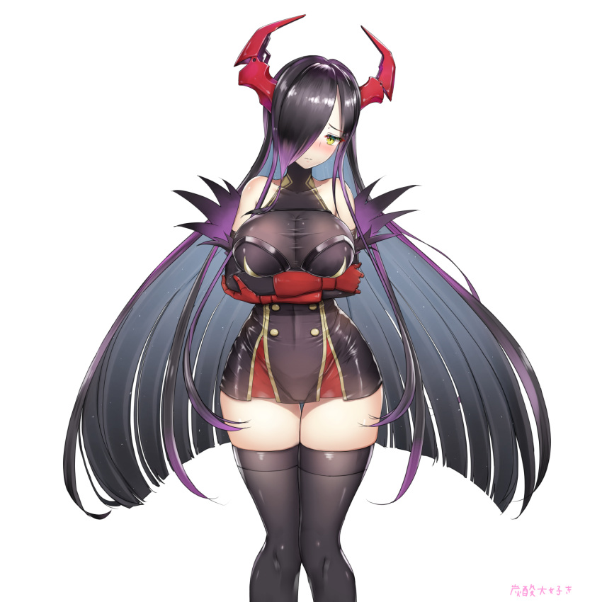 1girl azur_lane bare_shoulders black_dress black_hair black_legwear blush breast_hold breasts cleavage closed_mouth collarbone commentary_request covered_navel dress elbow_gloves floating_hair friedrich_der_grosse_(azur_lane) gloves hair_over_one_eye head_tilt highres large_breasts long_hair looking_at_viewer red_gloves red_horns short_dress signature simple_background skindentation solo tansan_daisuki thighhighs thighs very_long_hair white_background yellow_eyes