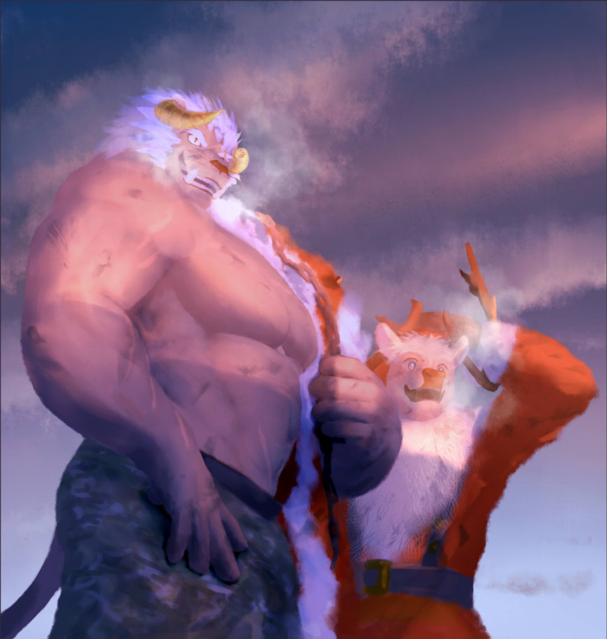 2019 anthro antlers bottomwear capreoline cervid christmas clothed clothing duo felid hi_res holidays horn krampus_(housamo) lion male mammal muscular muscular_male no-zp pantherine reindeer santa_claus sky standing tokyo_afterschool_summoners topless topwear video_games youl