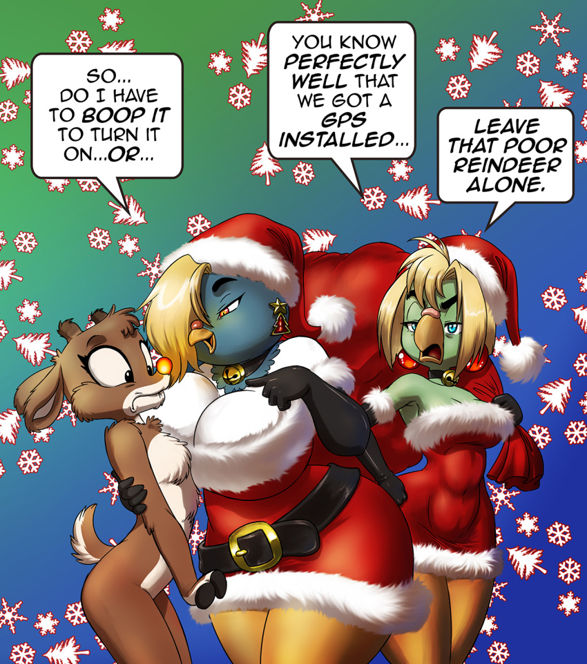 amber_eyes annoyed anthro antlers avian bag bell bird black_eyes blonde_hair blue_eyes breasts brown_body brown_fur cere_(anatomy) chochi choker christmas cleavage clothed clothing columbid dialogue ear_piercing english_text female frown fully_clothed fur gloves glowing glowing_nose group hair handwear hat headgear headwear hi_res holidays horn jewelry male necklace nude open_mouth parakeet parrot patty_(chochi) petra_(chochi) piercing pigeon rudolph_the_red_nosed_reindeer santa_hat scared snow snowflake star text tree true_parrot white_body white_fur winter