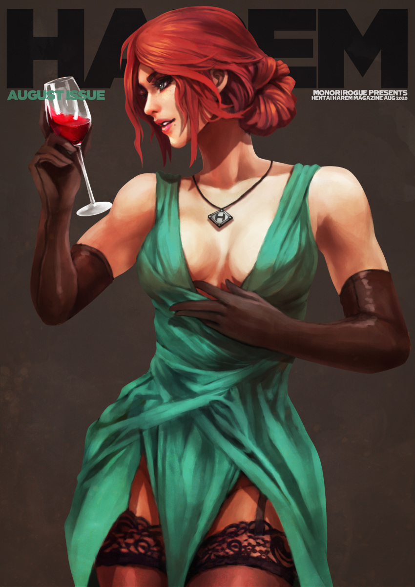 1girl absurdres alcohol black_gloves breasts cleavage_reach contemporary cover cup dress drinking_glass elbow_gloves english_text eyeshadow fake_magazine_cover freckles garter_straps gloves green_dress green_eyes hair_bun highres jewelry lace lace-trimmed_legwear lipstick magazine_cover makeup medium_breasts mole mole_under_eye monori_rogue no_bra parted_lips pelvic_curtain pendant plunging_neckline red_hair sheer_legwear short_hair solo the_witcher the_witcher_3 thick_eyebrows thighhighs triss_merigold updo wine wine_glass