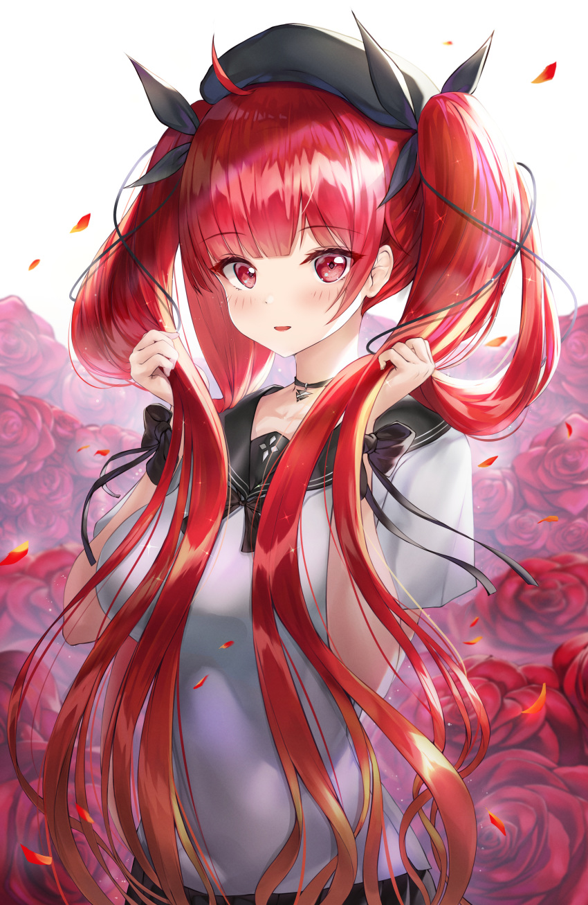 1girl absurdres azur_lane bangs beret black_choker black_headwear black_neckwear black_ribbon black_sailor_collar breasts choker commentary_request eyebrows_visible_through_hair falling_petals flower hair_ribbon hat highres holding holding_hair honolulu_(azur_lane) honolulu_(parasol_girl)_(azur_lane) korean_commentary large_breasts long_hair looking_at_viewer neck_ribbon open_mouth red_eyes red_hair ribbon rose sailor_collar sidelocks solo twintails uniform very_long_hair wakum white_legwear wrist_ribbon