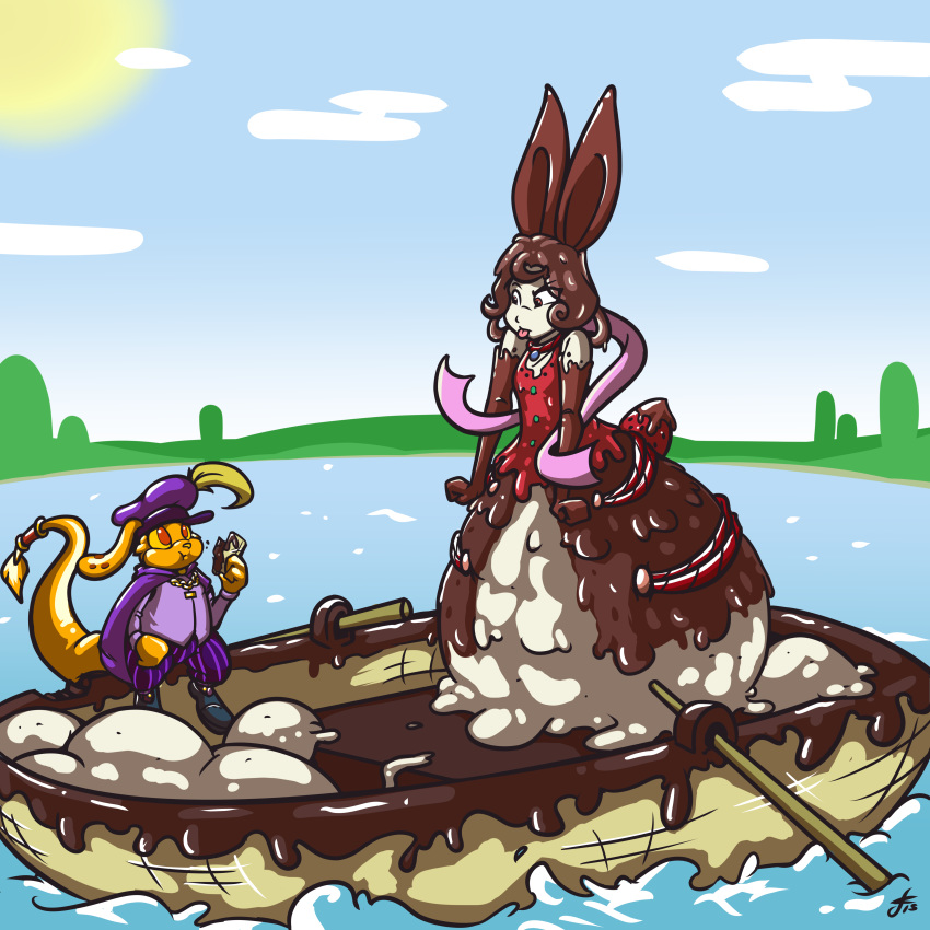 1:1 absurd_res animate_inanimate boat candy chocolate clothed clothing daikanu dessert food hayati hi_res ice_cream jelly lagomorph leporid mammal rabbit tongue tongue_out transformation vehicle zafara_(neopets)