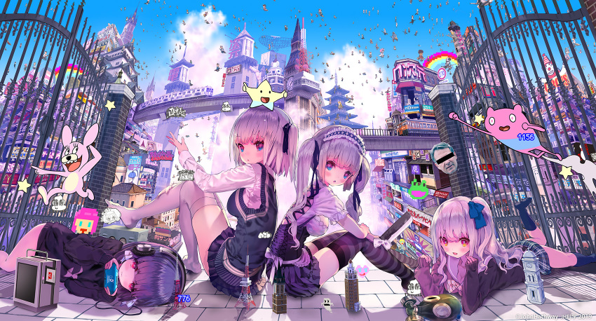 4girls :d :o black_legwear black_ribbon black_shirt black_skirt blue_eyes blue_sky blush breasts censored closed_mouth cloud commentary_request day eiffel_tower elizabeth_tower gas_mask gate graffiti ground_vehicle hair_ribbon handheld_game_console headphones heart heart-shaped_pupils highres holding_handheld_game_console identity_censor john_hathway kneehighs knees_up leg_up long_hair long_sleeves looking_at_viewer looking_to_the_side lying medium_breasts miniskirt multiple_girls no_shoes on_stomach one_side_up open_mouth original outdoors parted_lips pleated_skirt puffy_short_sleeves puffy_sleeves purple_eyes purple_hair purple_skirt red_eyes ribbon shirt short_hair short_sleeves silver_hair sitting skirt sky sleeves_past_wrists smile soles star striped striped_legwear sweater_vest symbol-shaped_pupils thighhighs tokyo_tower train twintails very_long_hair watermark white_hair white_legwear white_shirt