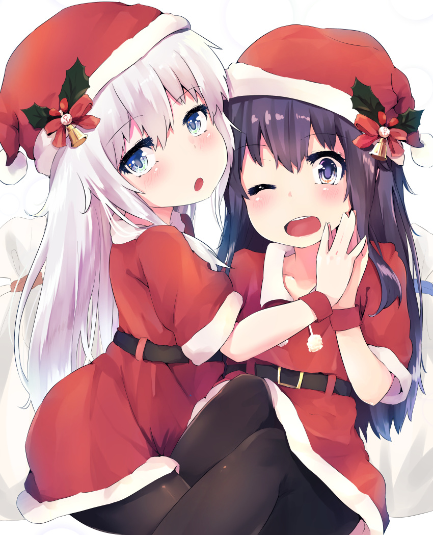 2girls absurdres akatsuki_(kantai_collection) alternate_costume belt black_belt black_legwear blue_eyes blush christmas dress eyebrows_visible_through_hair fur-trimmed_dress fur_trim hair_between_eyes hair_ornament hat hibiki_(kantai_collection) highres kantai_collection long_hair looking_at_viewer messy_hair multiple_girls one_eye_closed open_mouth pantyhose purple_eyes purple_hair red_dress santa_costume santa_dress santa_hat silver_hair smile taisho_(gumiyuki)