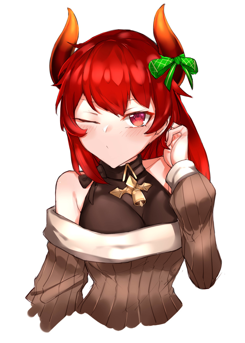 1girl absurdres bangs bare_shoulders bell black_shirt blush bow breasts brown_sweater choumi_wuti_(xueye_fanmang_zhong) closed_mouth cropped_torso demon_horns dola_(nijisanji) green_bow hand_up highres horn_bow horns large_breasts long_hair long_sleeves nijisanji off-shoulder_sweater off_shoulder one_eye_closed puffy_long_sleeves puffy_sleeves red_eyes red_hair ribbed_sweater shirt simple_background sleeveless sleeveless_shirt solo sweater upper_body v-shaped_eyebrows virtual_youtuber white_background