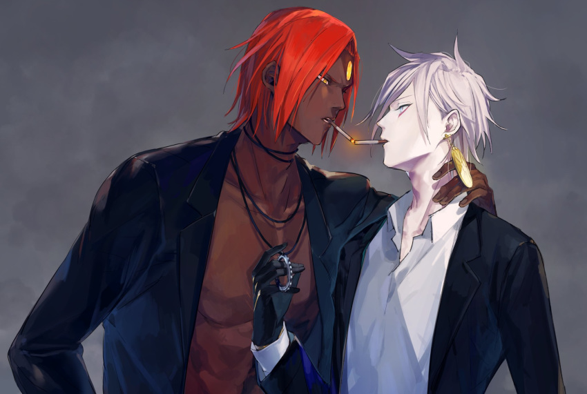 2boys ashwatthama_(fate/grand_order) black_gloves blue_eyes chest cigarette dark_skin dark_skinned_male earrings fate/grand_order fate_(series) forehead_jewel formal gloves highres holding_necklace jacket jewelry karna_(fate) lighting_cigarette male_focus multiple_boys ono_matope open_clothes open_jacket pale_skin red_hair smoking