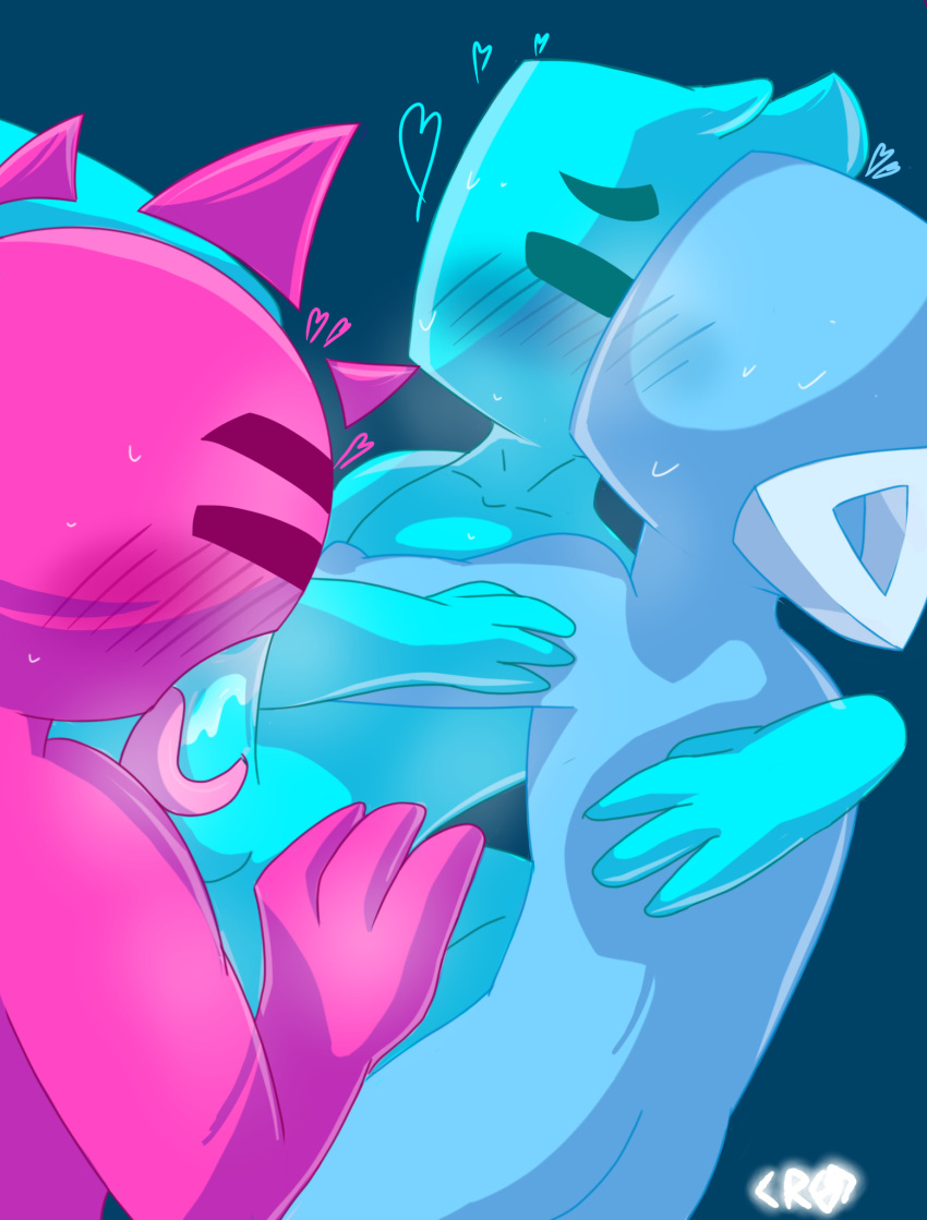 &lt;3 ambiguous_gender blixer blush bodily_fluids cyan_cube fellatio group group_sex hi_res humanoid just_shapes_and_beats male male/ambiguous oral penile penis sad_cube sadcube sex smrtka769 threesome