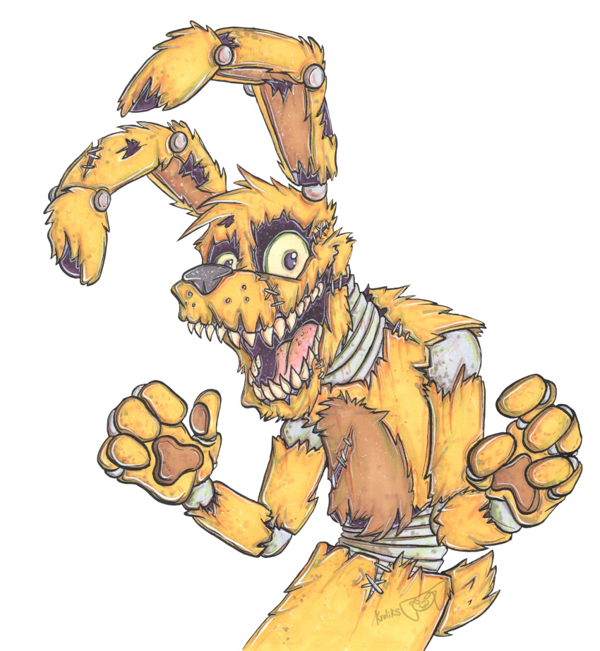 2019 3_fingers animatronic anthro damaged drawing fangs fingers five_nights_at_freddy's five_nights_at_freddy's_4 front_view fur grin hare hi_res krolik lagomorph leporid long_ears looking_at_viewer machine male mammal pawpads paws plushie plushtrap_(fnaf) portrait pose rabbit robot sharp_teeth signature smile solo solo_focus standing stitch_(disambiguation) teeth traditional_media_(artwork) video_games yellow_body yellow_fur