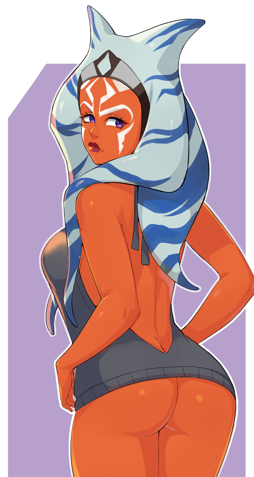 1girl absurdres ahsoka_tano ass bare_back blue_hair bottomless breasts commentary english_commentary greenmarine grey_hair highres jedi legs_together lips looking_back medium_breasts meme_attire multicolored_hair naked_sweater no_bra no_panties older orange_skin purple_background purple_eyes simple_background solo standing star_wars star_wars:_rebels star_wars:_the_clone_wars sweater tentacle_hair togruta two-tone_hair virgin_killer_sweater white_background