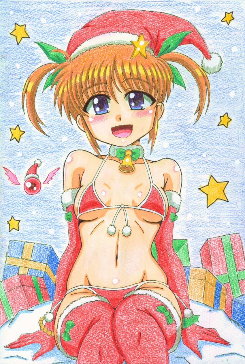 1girl absurdres bikini blue_background blue_eyes blush breasts breasts_apart brown_hair christmas christmas_present collarbone elbow_gloves gh9000 gloves groin hair_ornament hair_ribbon hat highres looking_at_viewer lyrical_nanoha mahou_shoujo_lyrical_nanoha mahou_shoujo_lyrical_nanoha_a's micro_bikini navel open_mouth red_bikini red_gloves red_legwear ribbon santa_hat shiny shiny_hair shiny_skin short_hair short_twintails simple_background sitting small_breasts smile snowing solo star star_hair_ornament swimsuit takamachi_nanoha thighhighs twintails