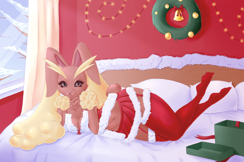 accessory anthro anthrofied bed bottomwear breasts brown_body brown_fur christmas clothing eyelashes fur furniture garter gift hi_res holidays inside kvasoly lagomorph legwear lingerie looking_at_viewer lopunny mammal nintendo on_bed pink_eyes pok&eacute;mon pok&eacute;mon_(species) sexy_santa skirt snow string_lights thigh_highs video_games wide_hips wreath