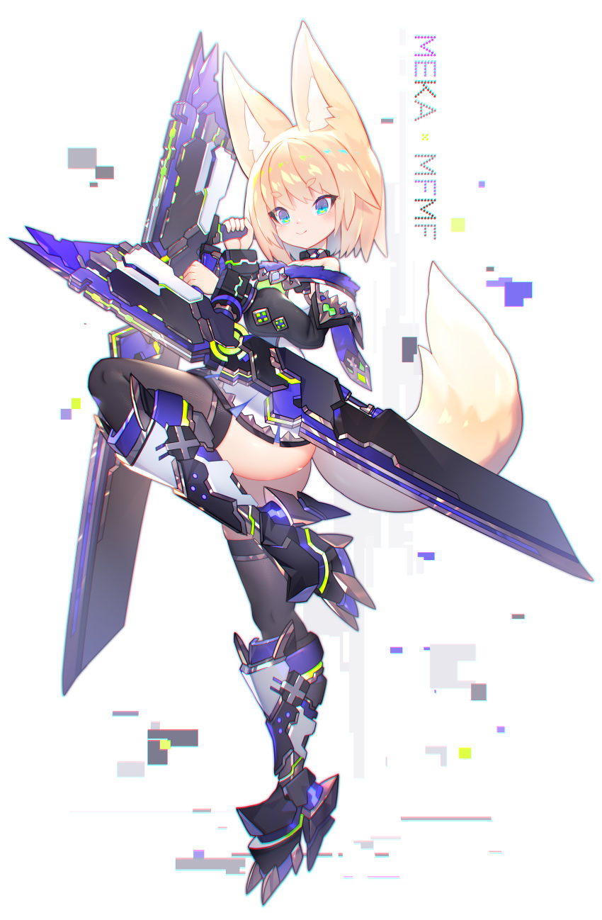 1girl absurdres animal_ears bangs bare_shoulders black_legwear blonde_hair blue_eyes blush boots collar dual_wielding eyebrows_visible_through_hair fox_ears fox_tail high_heel_boots high_heels highres holding holding_weapon mamuru original short_hair smile solo standing standing_on_one_leg tail thighhighs weapon white_background