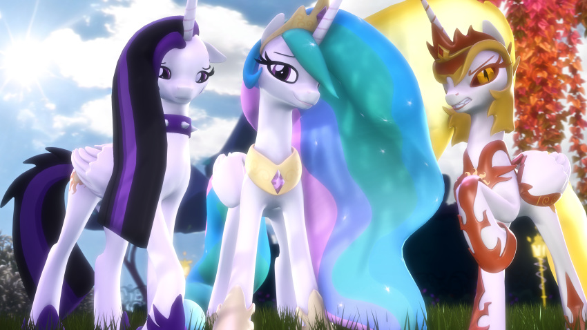 16:9 3d_(artwork) 4k absurd_res daybreaker_(mlp) digital_media_(artwork) equid female feral friendship_is_magic group hi_res horn loveslove mammal my_little_pony outside princess_celestia_(mlp) winged_unicorn wings