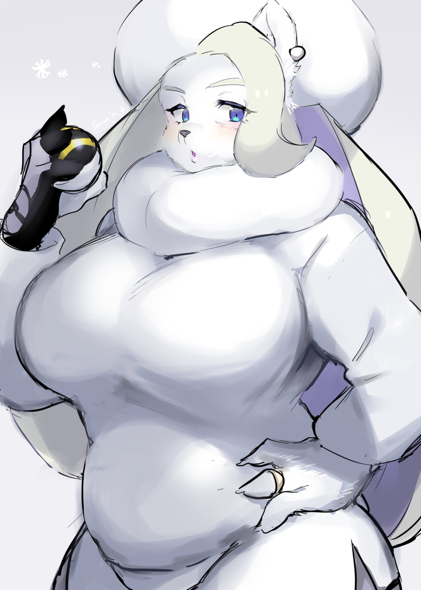 2019 absurd_res alternate_species anthro anthrofied breasts female fur furrification hand_on_hip hi_res holding_object holding_pok&eacute;ball kemono ksyaro looking_at_viewer mammal melony_(pok&eacute;mon) nintendo open_mouth pok&eacute;ball pok&eacute;mon polar_bear simple_background solo ursid ursine video_games white_body white_fur