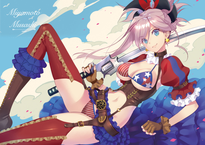 1girl american_flag_bikini belt bikini blue_eyes boots breasts brown_footwear brown_gloves brown_hair character_name cleavage cloud earrings fate/grand_order fate_(series) fingerless_gloves flag_print gloves gunblade hair_ornament holding holding_sword holding_weapon jewelry katana long_hair looking_at_viewer medium_breasts midriff miyamoto_musashi_(fate/grand_order) miyamoto_musashi_(swimsuit_berserker)_(fate) navel nishimura_eri ponytail red_legwear showgirl_skirt shrug_(clothing) smile solo star star_earrings swimsuit sword thighhighs underbust weapon