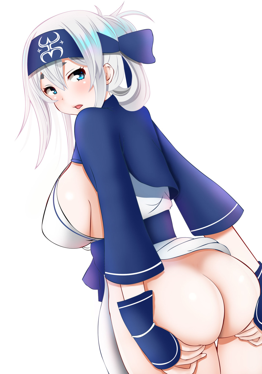 1girl ainu_clothes ass bandana blue_eyes blue_hair blue_headband breasts cowboy_shot cropped_jacket dress folded_ponytail from_behind headband hifumi_kei highres kamoi_(kantai_collection) kantai_collection multicolored_hair no_panties pelvic_curtain sideboob sidelocks simple_background sleeveless sleeveless_dress solo thick_eyebrows white_background white_dress white_hair wrist_guards