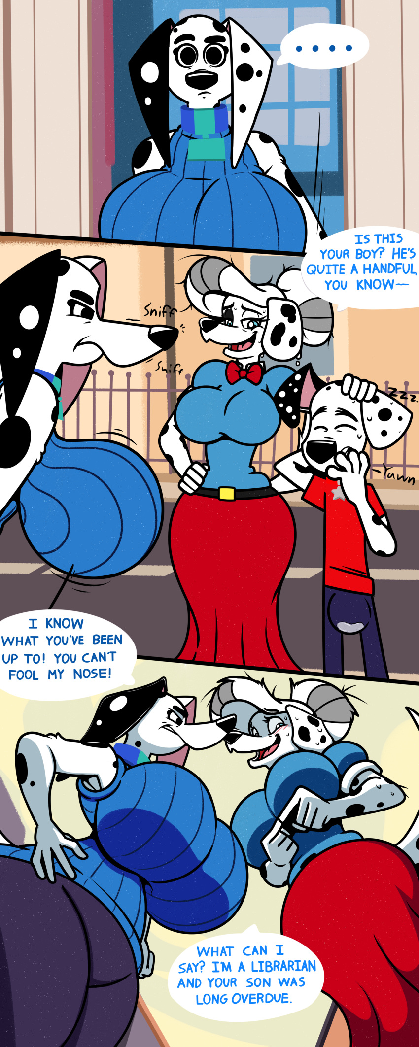 101_dalmatian_street 101_dalmatians 2019 absurd_res alternate_version_at_source anthro anthrofied big_breasts black_body black_eyes black_fur blue_eyes bodily_fluids breasts bulge canid canine canis clothed clothing collar comic cum_stain dalmatian delilah_(101_dalmatians) disney domestic_dog dylan_(101_dalmatians) english_text eyes_closed fan_character female fur gretchen_hazard grey_hair hair half-closed_eyes hi_res huge_breasts hypergal jiggle male mammal mature_female multicolored_body multicolored_fur multicolored_hair narrowed_eyes open_mouth sniffing speech_bubble spots spotted_body spotted_fur sweat text tongue two_tone_body two_tone_fur two_tone_hair white_body white_fur yawn
