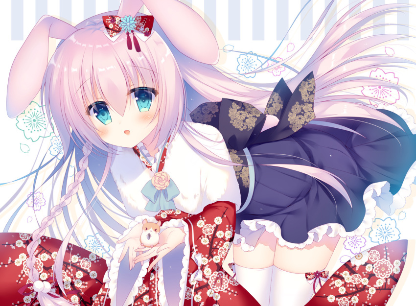 &gt;_&lt; 1girl :d animal animal_ears bangs bent_over black_bow black_hakama blue_eyes blue_flower blush bow braid bunny_ears closed_eyes commentary_request eyebrows_visible_through_hair floral_background floral_print flower hair_between_eyes hair_bow hair_ribbon hakama hakama_skirt hamster holding holding_animal japanese_clothes kimono long_hair long_sleeves open_mouth original pink_hair red_bow red_ribbon ribbon seed smile solo standing sumii sunflower_seed thighhighs very_long_hair white_kimono white_legwear wide_sleeves