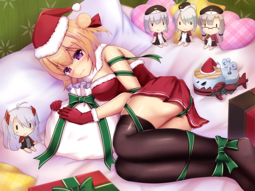 1girl :q antenna_hair ass azur_lane bai_da bangs bare_shoulders bed black_legwear blonde_hair blunt_bangs blush blush_stickers bound box braid braided_bun breasts character_doll christmas cleavage commentary_request dress eyebrows_visible_through_hair fur-trimmed_dress fur-trimmed_gloves fur-trimmed_hat fur_collar fur_trim gift gift_box glasses gloves green_ribbon hair_bun hat heart heart_pillow highres iron_cross karlsruhe_(azur_lane) koln_(azur_lane) konigsberg_(azur_lane) large_breasts leipzig_(azur_lane) long_hair looking_at_viewer low_twintails lying medium_hair military_hat mole mole_under_eye multicolored_hair no_shoes nose_blush object_hug on_bed on_side pillow pleated_skirt prinz_eugen_(azur_lane) purple_eyes red_dress red_gloves red_headwear ribbon sack santa_costume santa_hat short_hair sidelocks silver_hair skirt star_pillow strapless strapless_dress streaked_hair swept_bangs thighhighs tied_up tongue tongue_out toy twintails two_side_up wall wavy_mouth zettai_ryouiki |_|