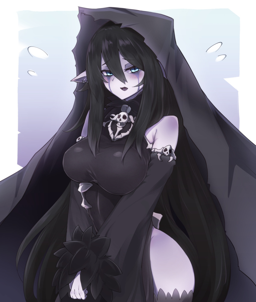 1girl alder banshee_(monster_girl_encyclopedia) bare_hips bare_shoulders black_dress black_veil breasts dress highres large_breasts light_blue_eyes monster_girl_encyclopedia pointy_ears purple_skin skull tears thighhighs