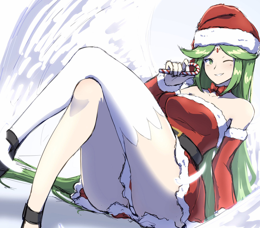 1girl belt candy candy_cane christmas food green_eyes green_hair hat highres long_hair one_eye_closed palutena phiphi-au-thon reclining santa_costume santa_hat smile super_smash_bros. thighhighs upskirt white_legwear