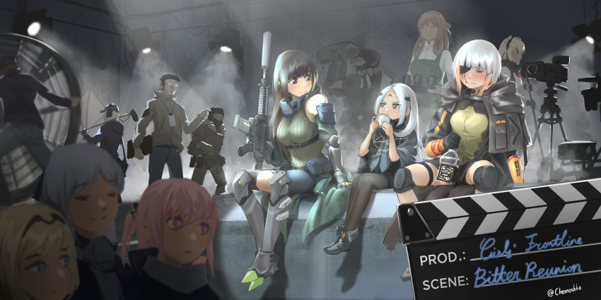 5boys 6+girls absurdres actor actress ak-12_(girls_frontline) an-94_(girls_frontline) assault_rifle backstage balaclava camera cameraman chernoshka coffee_mug cup defy_(girls_frontline) elisa_(girls_frontline) english_text eyepatch g36_(girls_frontline) girls_frontline glasses gloves gun highres jack_daniel's kcco_(girls_frontline) m16a1_(girls_frontline)_(boss) m1903_springfield_(girls_frontline) m4_carbine m4a1_(girls_frontline) mod3_(girls_frontline) mug multiple_boys multiple_girls one_eye_closed rifle robot sangvis_ferri sitting st_ar-15_(girls_frontline) suppressor weapon