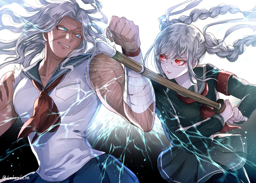 2girls artist_name bandaged_arm bandages bangs bare_shoulders black_legwear black_shirt black_skirt blue_eyes blue_skirt braid breasts clenched_teeth commentary_request danganronpa danganronpa_1 dark_skin eyebrows_visible_through_hair facial_scar fighting glasses holding holding_weapon large_breasts long_hair long_sleeves looking_at_another multiple_girls muscle oogami_sakura pale_skin pantyhose parted_bangs pekoyama_peko red_eyes scar school_uniform serafuku shirt silver_hair skirt super_danganronpa_2 teeth twin_braids weapon z-epto_(chat-noir86)