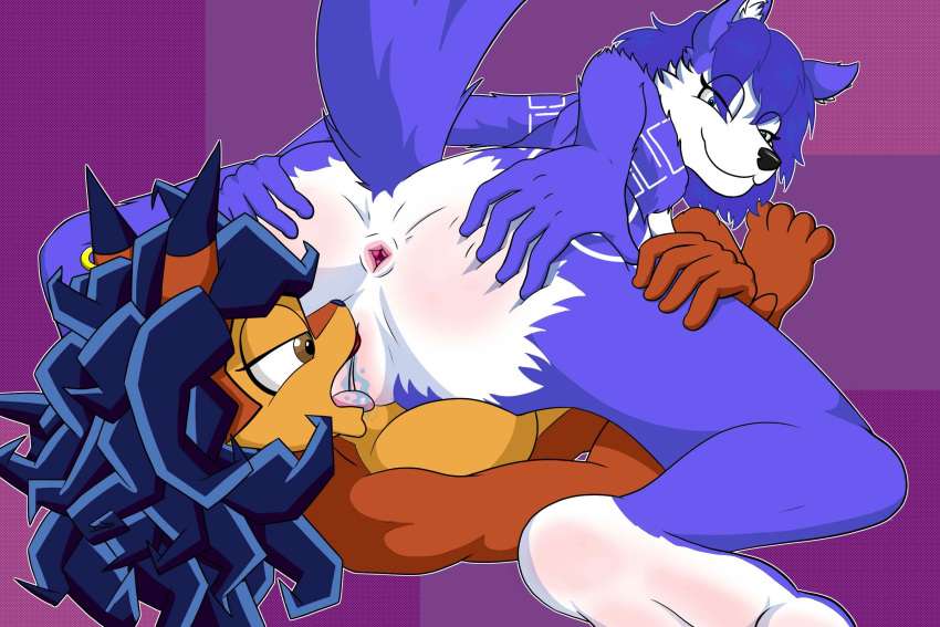 anthro anthro_on_anthro anus barefoot blue_eyes blue_hair bodily_fluids breast_squish breasts brown_eyes butt canid canine carmelita_fox crossover dipstick_ears ear_piercing facesitting female female/female fox fur hair hand_on_thigh hi_res krystal looking_back lying mammal multicolored_body multicolored_ears multicolored_fur nintendo nude on_back piercing presenting presenting_anus pussy saliva simple_background sly_cooper_(series) sony_corporation sony_interactive_entertainment spread_butt spreading squish star_fox sucker_punch_productions tinydevilhorns tongue tongue_out two_tone_body two_tone_fur video_games