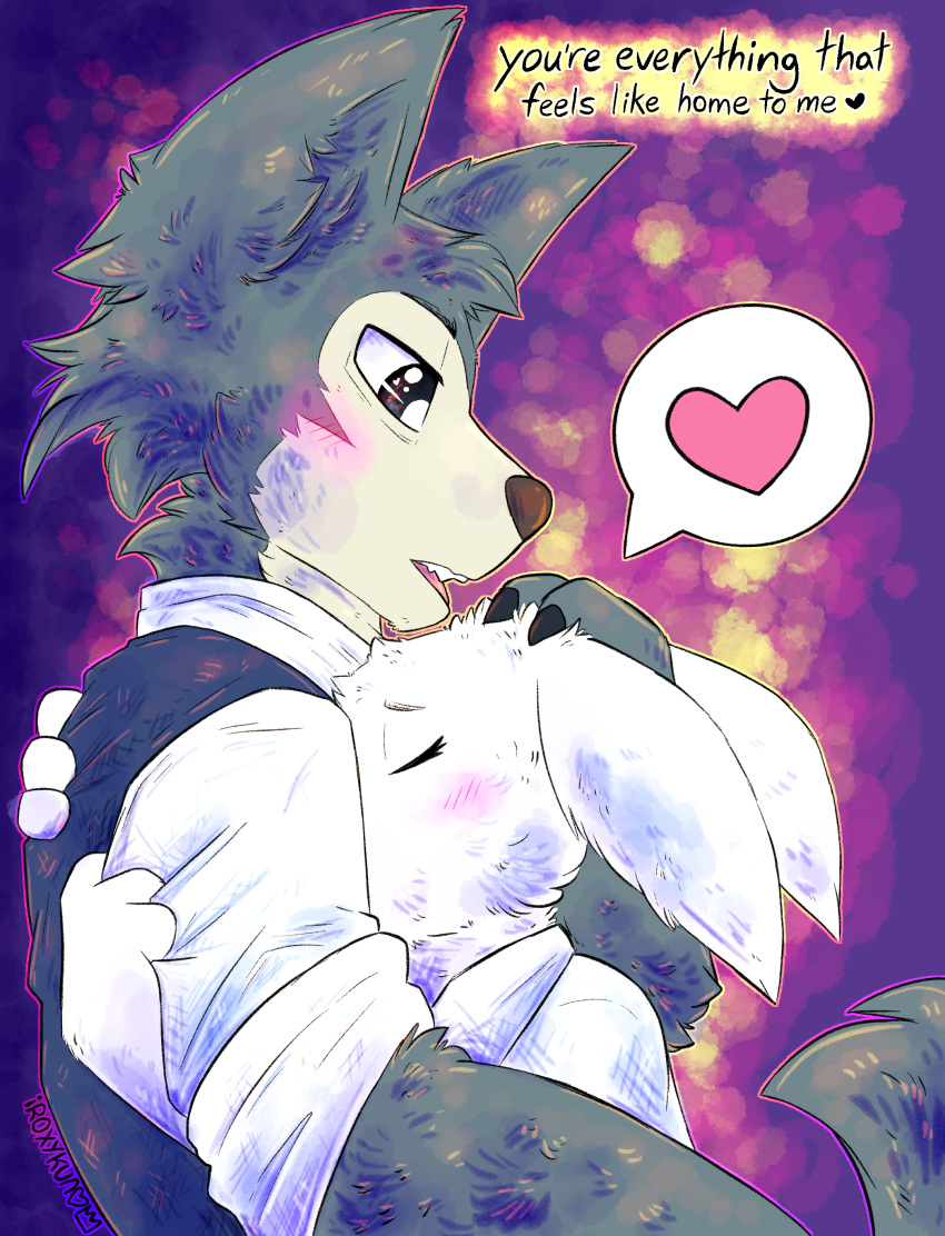 &lt;3 2019 absurd_res anthro beastars blush canid canine canis clothed clothing digital_media_(artwork) duo female fur grey_body grey_fur haru_(beastars) hi_res hug iroxykun lagomorph legoshi_(beastars) leporid male male/female mammal rabbit shirt size_difference teeth text topwear white_body white_fur wolf