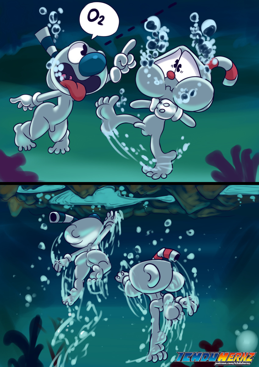 absurd_res asphyxiation bubble choking cuphead_(character) cuphead_(game) drowning duo hi_res holding_breath ichduhernz male mugman puffed_cheeks swimming underwater video_games water