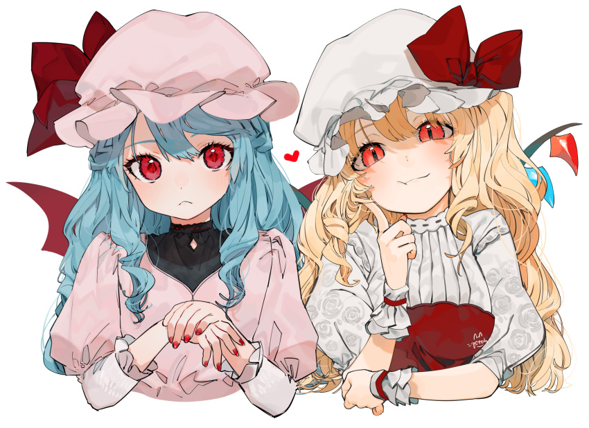 2girls :&lt; :t ?? alternate_hair_length alternate_hairstyle artist_name bangs bat_wings blonde_hair blue_hair blush bow commentary_request cropped_torso crystal dress embellished_costume eyebrows_visible_through_hair face flandre_scarlet floral_print gotoh510 hand_up hands hat hat_bow heart highres index_finger_raised juliet_sleeves long_hair long_sleeves looking_at_viewer mob_cap multiple_girls nail_polish open_mouth own_hands_together pink_dress pink_headwear print_sleeves puffy_short_sleeves puffy_sleeves red_bow red_eyes red_nails remilia_scarlet rose_print shirt short_sleeves siblings signature simple_background sisters smile touhou upper_body watermark white_background white_headwear white_shirt wings wrist_cuffs