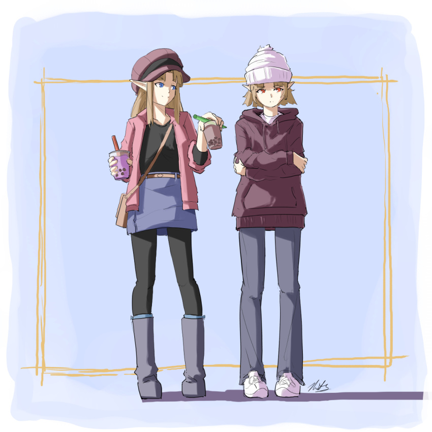 2girls automatic_giraffe bag bangs beanie black_legwear black_shirt blue_background blue_eyes blue_skirt boots brown_hair bubble_tea cabbie_hat closed_mouth crossed_arms cup dark_persona disposable_cup dual_persona eyebrows_visible_through_hair full_body grey_footwear grey_pants handbag hat holding holding_cup hood hood_down jacket knee_boots long_hair long_sleeves looking_at_another looking_away looking_to_the_side multiple_girls open_clothes open_jacket pants pantyhose parted_bangs parted_lips pink_jacket pointy_ears princess_zelda purple_headwear purple_hoodie red_eyes shirt short_hair shoulder_bag sidelocks signature sketch skirt smile standing super_smash_bros. the_legend_of_zelda the_legend_of_zelda:_a_link_between_worlds the_legend_of_zelda:_a_link_to_the_past white_footwear white_headwear