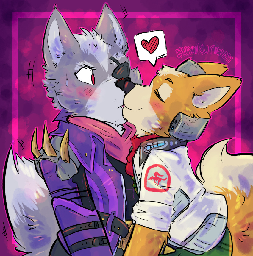 &lt;3 2019 anthro blush canid canine canis clothed clothing digital_media_(artwork) duo fox fox_mccloud fur hi_res iroxykun kissing male male/male mammal neckwear nintendo scarf star_fox surprise surprise_kiss video_games wolf wolf_o'donnell