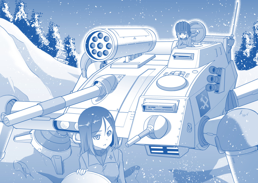 2girls absurdres bangs blue_theme commentary emblem girls_und_panzer ground_vehicle helmet highres insignia jacket jumpsuit kaneko_naoya katyusha_(girls_und_panzer) kv-2 long_hair long_sleeves looking_at_another looking_to_the_side mecha military military_vehicle monochrome motor_vehicle multiple_girls nonna_(girls_und_panzer) open_mouth outdoors pravda_(emblem) pravda_military_uniform pravda_school_uniform school_uniform shirt short_hair snow standing swept_bangs taiyou_no_kiba_dougram tank tank_helmet tree turtleneck