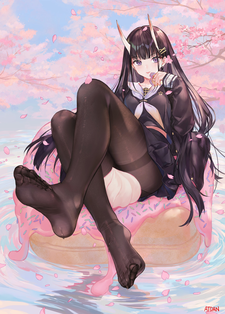 1girl artist_name ass atdan azur_lane black_cardigan black_hair black_serafuku black_shirt black_skirt brown_legwear cardigan cherry_blossoms collarbone commentary convenient_censoring doughnut earrings feet food gradient hair_ornament hairclip highres holding holding_food jewelry knees_up long_hair long_sleeves looking_at_viewer midriff_peek miniskirt neckerchief no_shoes noshiro_(azur_lane) oni_horns open_cardigan open_clothes pantyhose petals pleated_skirt purple_eyes ripples sailor_collar school_uniform serafuku shirt sidelocks signature sitting skirt solo thighband_pantyhose toes tree_branch very_long_hair water white_neckwear white_sailor_collar x_hair_ornament