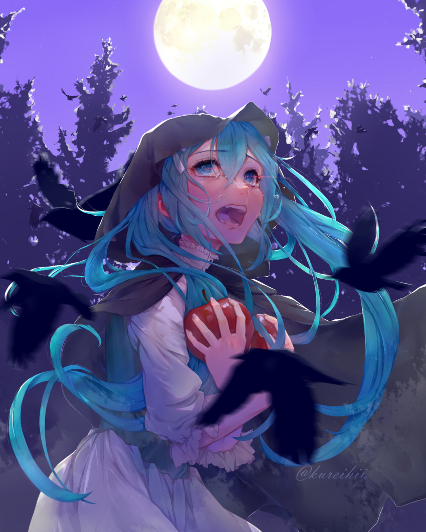 1girl apple aqua_eyes aqua_hair artist_name bird black_bird cloak collar crying crying_with_eyes_open despair empty_eyes eve_moonlit evillious_nendaiki eyebrows_visible_through_hair eyelashes fangs food forest frilled_collar frilled_sleeves frills fruit full_moon glowing glowing_eyes hair_ribbon hatsune_miku highres holding holding_food holding_fruit hood hooded_cloak kureihii messy_hair moon moonlit_bear_(vocaloid) motion_blur nature night night_sky open_mouth red_eyes ribbon scared signature silhouette sky solo tears tree twintails vocaloid white_ribbon