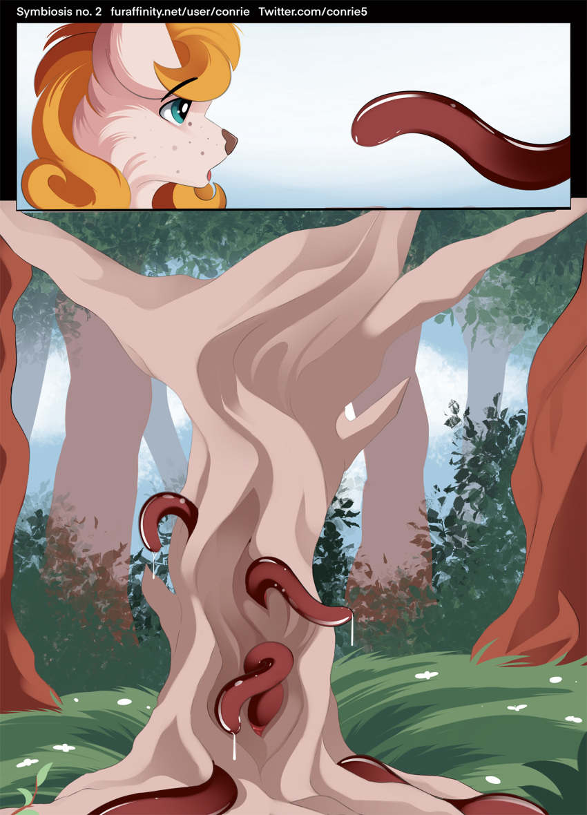 absurd_res canid canine close-up comic conrie dea_(conrie) female flower forest grass hi_res mammal outside plant solo story story_in_description tentacles tree