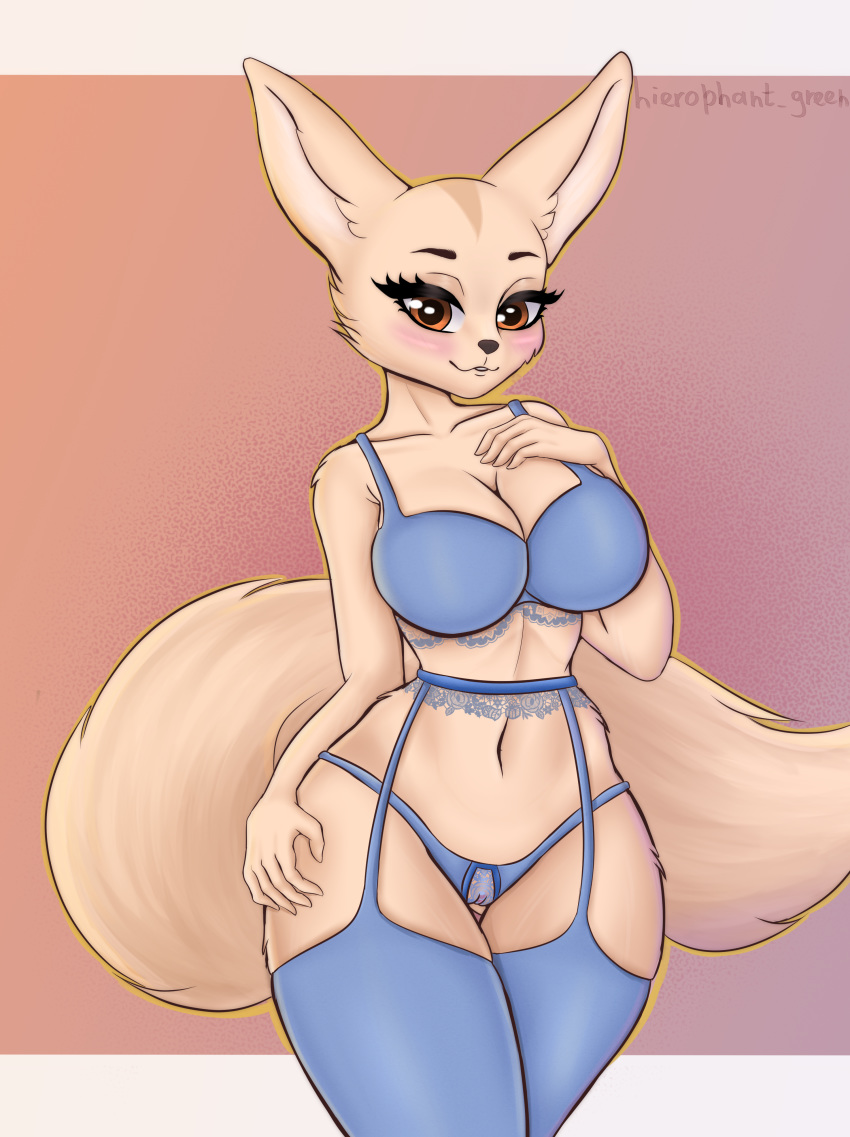 absurd_res aggressive_retsuko anthro bra breasts canid canine clothing female fennec fenneko fox fur garter_straps hi_res hierophant_green_(artist) lingerie looking_at_viewer mammal panties pinup pose pussy sanrio simple_background solo underwear