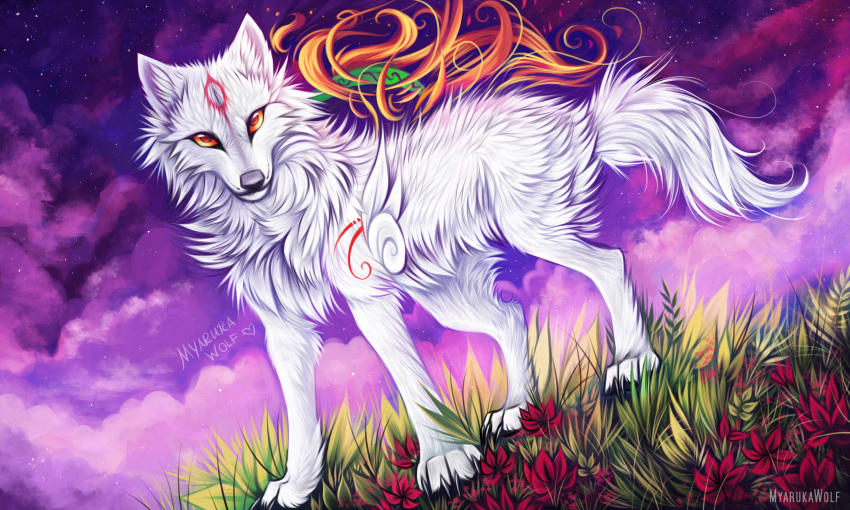 2019 4_toes absurd_res amaterasu amber_eyes ambiguous_gender black_nose canid canine canis capcom deity detailed_background digital_media_(artwork) feral fur grass hi_res looking_at_viewer mammal myarukawolf night outside paws sky solo star starry_sky toes video_games white_body white_fur wolf ōkami