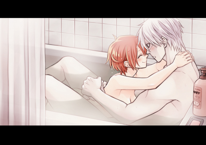 1boy 1girl ae-3803 ahoge arms_around_back arms_around_neck bath bathing bathtub blush breasts cleavage face-to-face forehead-to-forehead hataraku_saibou hug indoors letterboxed looking_at_another misuki_op1155 nude partially_submerged profile red_blood_cell_(hataraku_saibou) red_hair shared_bathing short_hair shower_curtain smile soap soap_bottle steam tiles u-1146 wet wet_hair white_blood_cell_(hataraku_saibou) white_hair white_skin