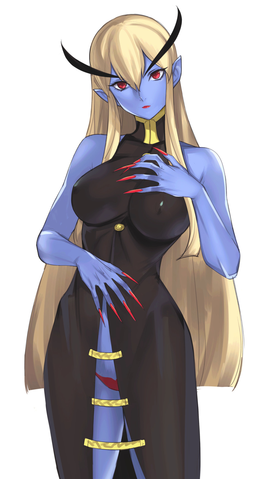 1girl black_dress blonde_hair blue_skin breasts covered_nipples demon_girl dress fingernails front_slit genderswap genderswap_(mtf) head_tilt highres impossible_clothes impossible_dress jedah_dohma large_breasts lipstick long_eyebrows long_fingernails long_hair lowleg lowleg_panties makeup midnight_bliss panties pointy_ears red_eyes red_nails red_panties sharp_fingernails sidelocks sleeveless sleeveless_dress slit_pupils solo tetsu_(kimuchi) thick_eyebrows underwear vampire_(game) very_long_hair