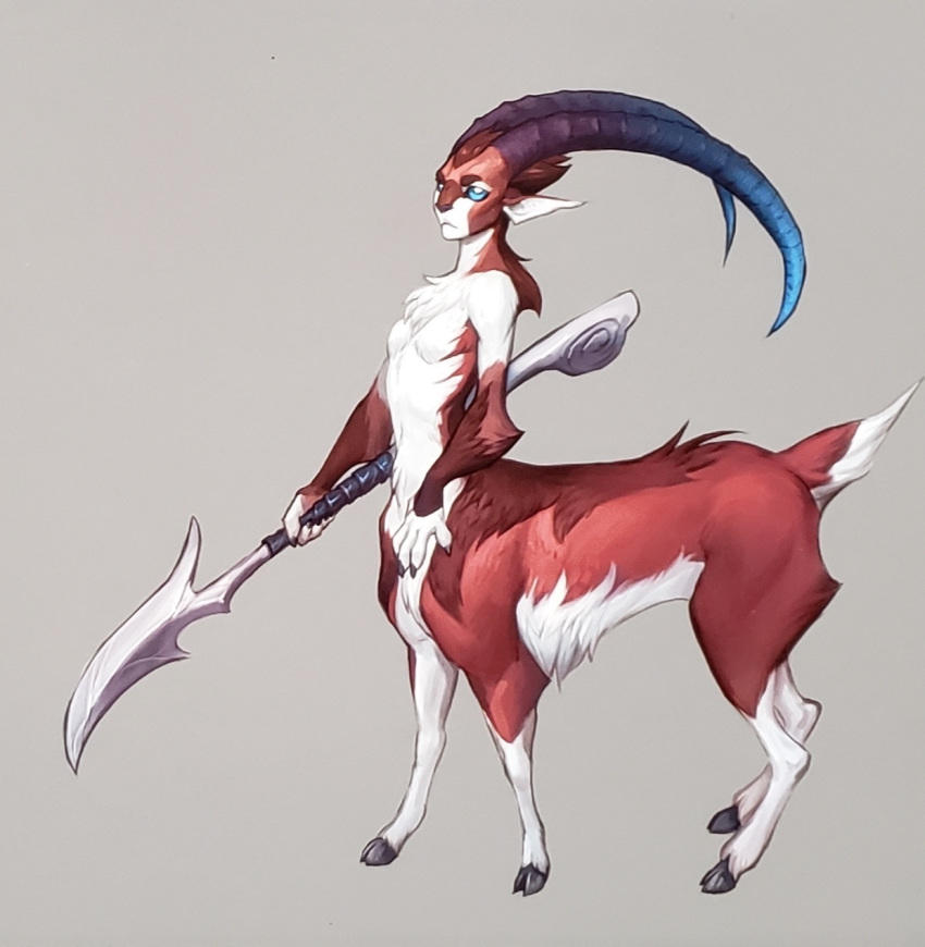 ardenweald_dryad blizzard_entertainment blue_eyes breasts cervid cervid_taur dryad faun featureless_breasts female hi_res hooves horn humanoid_pointy_ears mammal mammal_taur melee_weapon polearm solo spear taur video_games warcraft weapon
