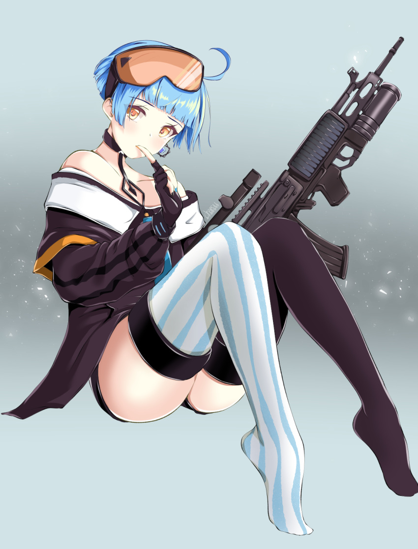 1girl ahoge bangs bare_shoulders black_choker black_legwear blue_hair blue_legwear blunt_bangs blush chaesu choker finger_to_mouth fingerless_gloves floating full_body girls_frontline gloves goggles goggles_on_head grenade_launcher gun highres holding holding_gun holding_weapon jewelry mismatched_legwear off-shoulder_jacket orange_eyes orange_goggles short_hair single_earring solo striped striped_legwear thighhighs underbarrel_grenade_launcher vertical-striped_legwear vertical_stripes very_short_hair weapon zas_m21_(girls_frontline) zastava_m21