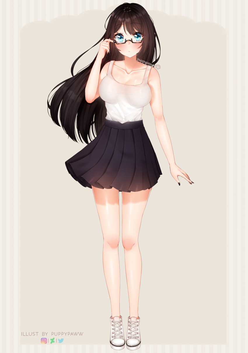 1girl artist_name bangs bare_shoulders black_nails black_skirt blue_eyes blush breasts brown_hair collarbone commentary commission deviantart_logo eyebrows_visible_through_hair full_body glasses highres instagram_logo large_breasts long_hair looking_at_viewer original pleated_skirt puppypaww shirt shoes sketch skirt solo twitter_logo white_footwear white_shirt